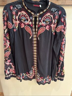 Johnny Was Black Embroidered Blouse with Multicolor Floral Paisley Embroidery